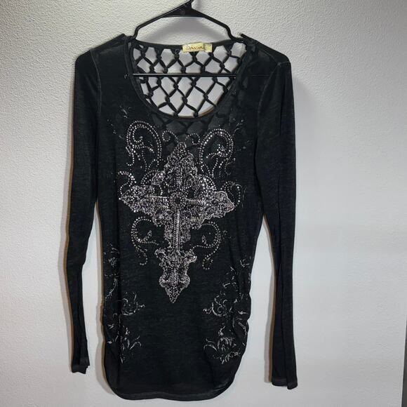 Davina Women’s Bling Cross Shirt Black Rhinestone Lattice Cutout Top NO SIZE TAG - Picture 1 of 6